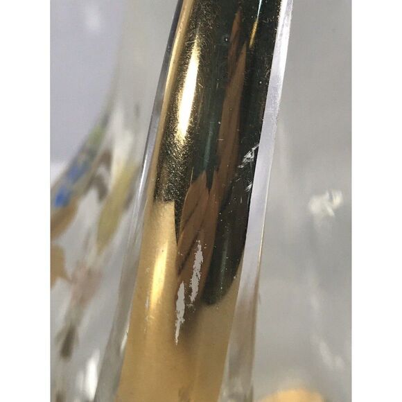 VTG Floral Painted Yellow Glass Pitcher Gold Trim 7.25" - Picture 6 of 12